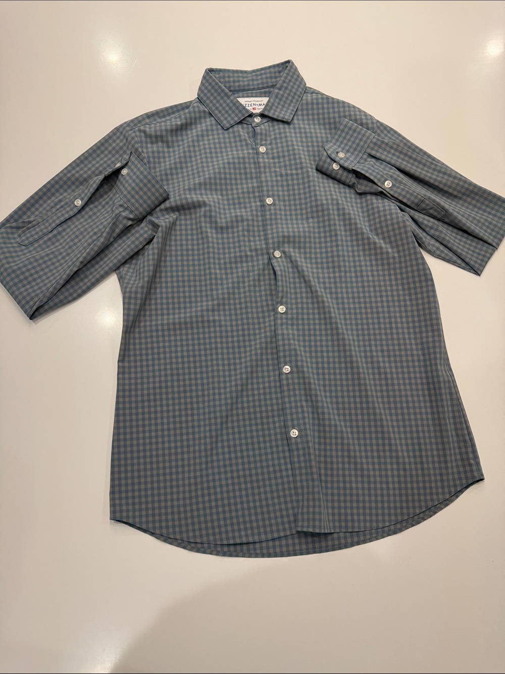 Mizzen+Main Blue and Gray Micro-Check Button-Down Shirt XL Trim Fit
